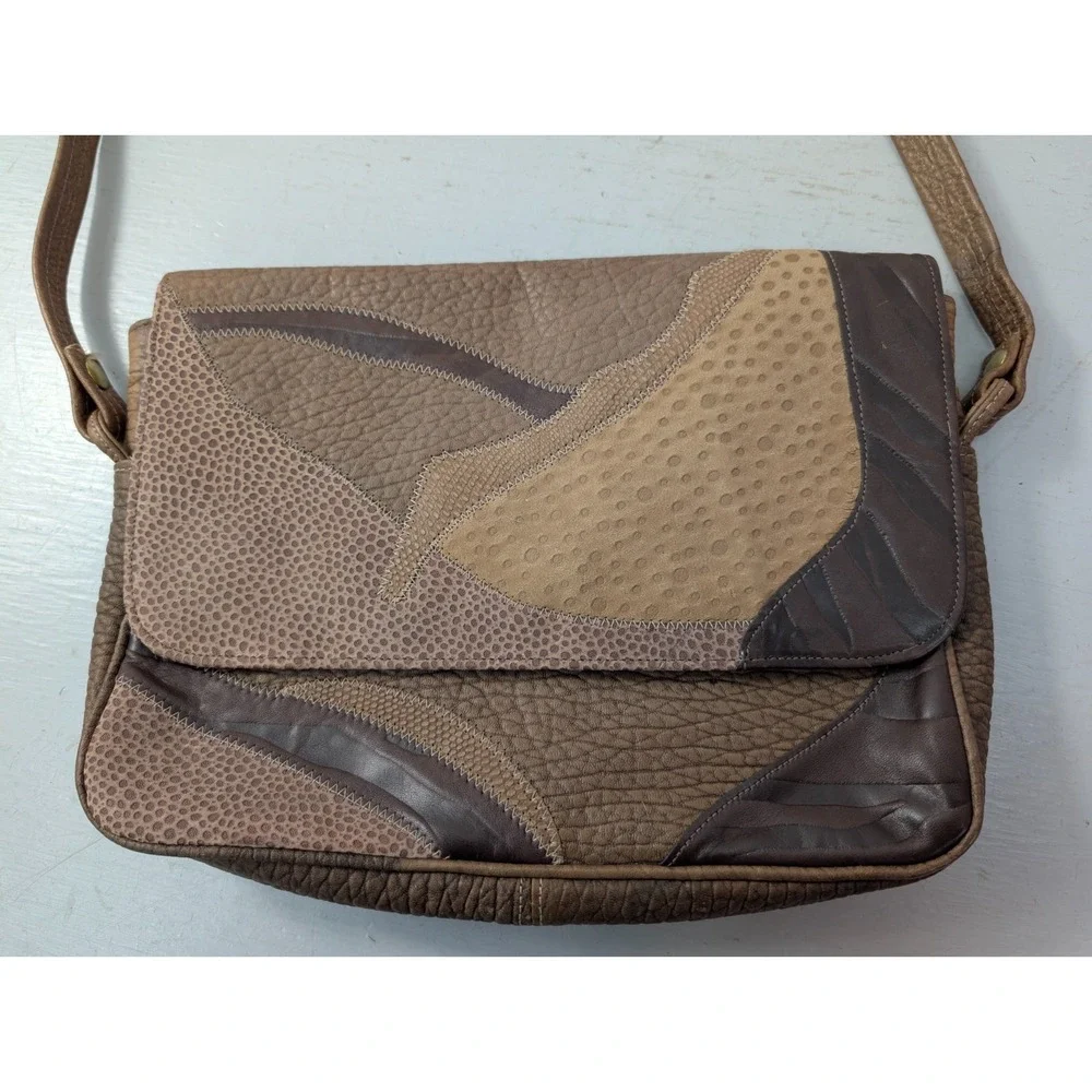 Vintage Brown‎ Purse Leather Bag Patchwork Stitched Retro 90s Size 23